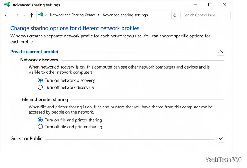 Advanced sharing settings in Windows 10 with Network discovery enabled for a Private network