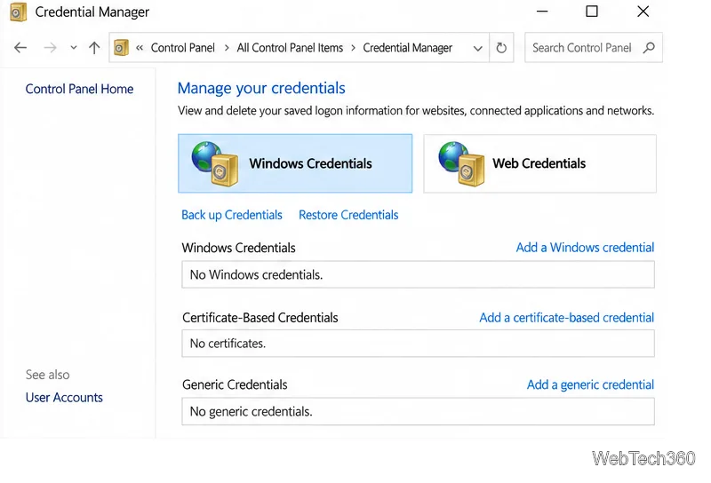 Credential Manager in Control Panel with the Windows Credentials section selected