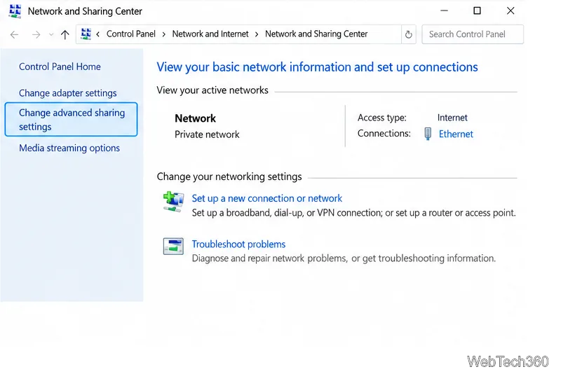 Windows 10 Network and Sharing Center showing the Change advanced sharing settings link