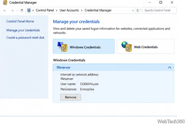 Windows Credential Manager with a saved fileserver credential expanded and the Remove action visible