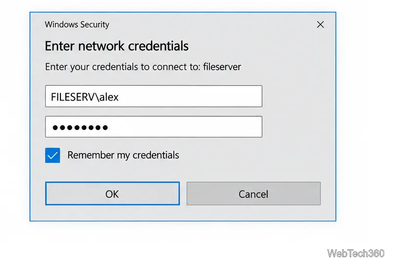 Windows Security network credentials dialog with a username, masked password, and Remember my credentials selected