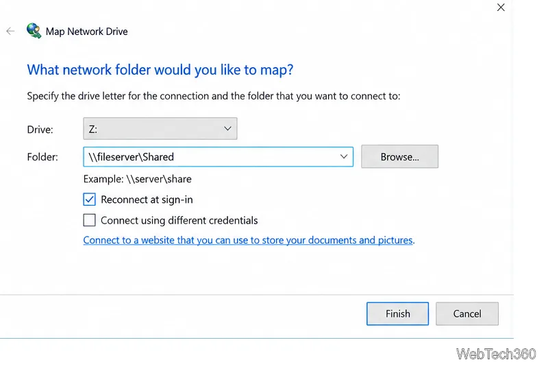 Map Network Drive dialog with \\fileserver\Shared and Reconnect at sign-in selected