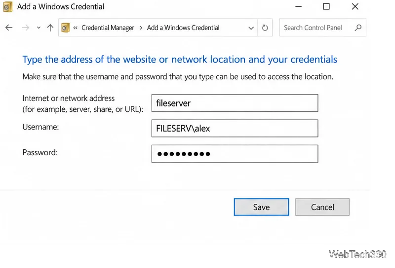 Add a Windows Credential form filled with the server address fileserver and a network username