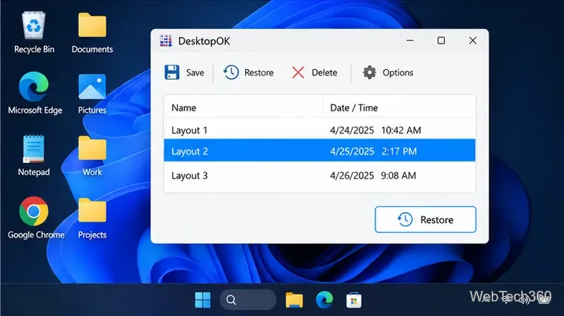 DesktopOK mit ausgewähltem gespeichertem Layout und dem Befehl „Wiederherstellen“ bereit