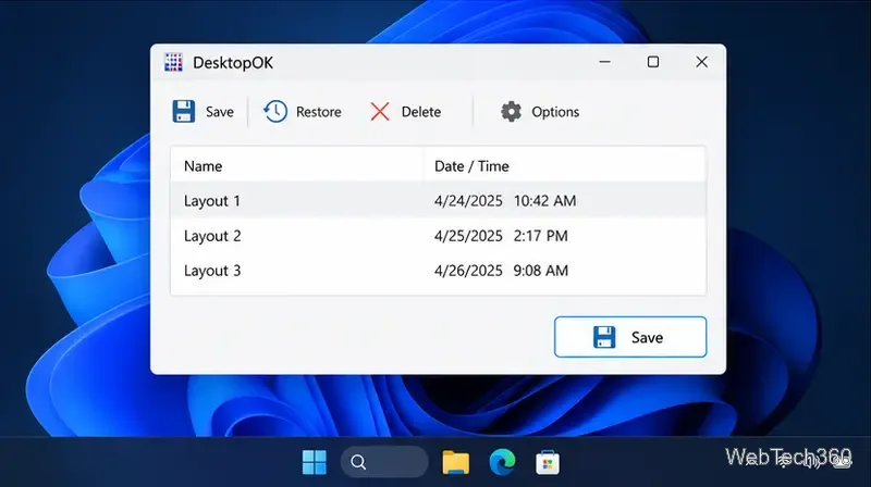 Das Fenster „DesktopOK“ zeigt gespeicherte Desktop-Layout-Einträge und den Befehl „Speichern“ an.