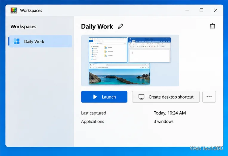 В PowerToys Workspaces на Windows 10 отображается сохраненная структура «Ежедневная работа» с элементами управления ярлыками «Запуск» и «Создание» на рабочем столе.