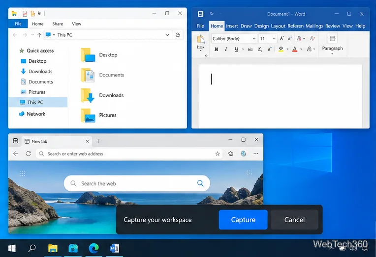 Рабочий стол Windows 10 с проводником файлов, Word и браузером, расположенными в одном месте, в то время как PowerToys Workspaces отображает элемент управления «Захват».
