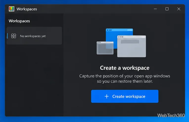 Редактор рабочих пространств PowerToys в Windows 10, отображающий кнопку «Создать рабочее пространство».