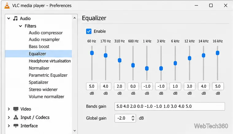 Pagina de preferințe a egalizatorului cu zece valori de amplificare a benzilor potrivite și amplificare globală la -2,0 dB.