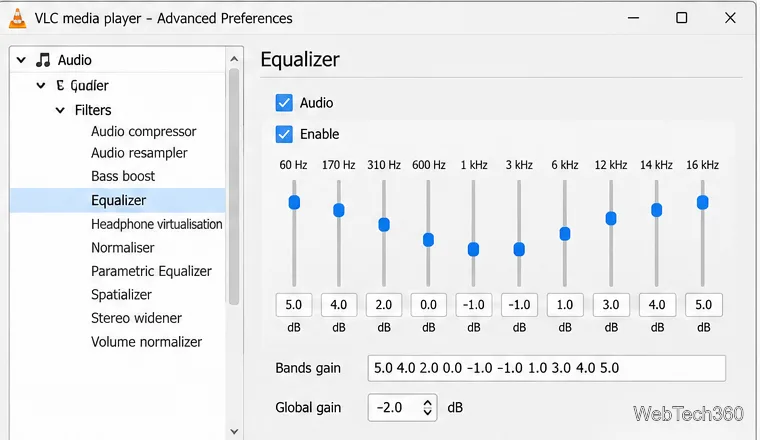 Preferințe avansate VLC cu Audio și filtre extinse și Egalizator selectat și activat.