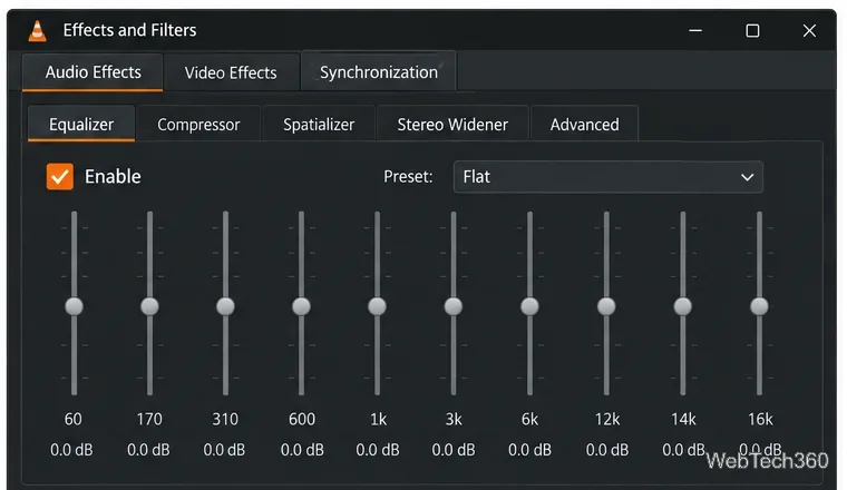 Fereastra Efecte și filtre din VLC cu fila Egalizator selectată, opțiunea Activare bifată și un control presetat vizibil.
