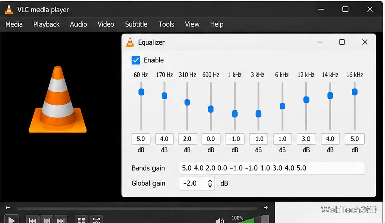 VLC s-a redeschis cu aceleași zece câștiguri de egalizator și un câștig global de -2,0 dB afișat în panoul Egalizator.