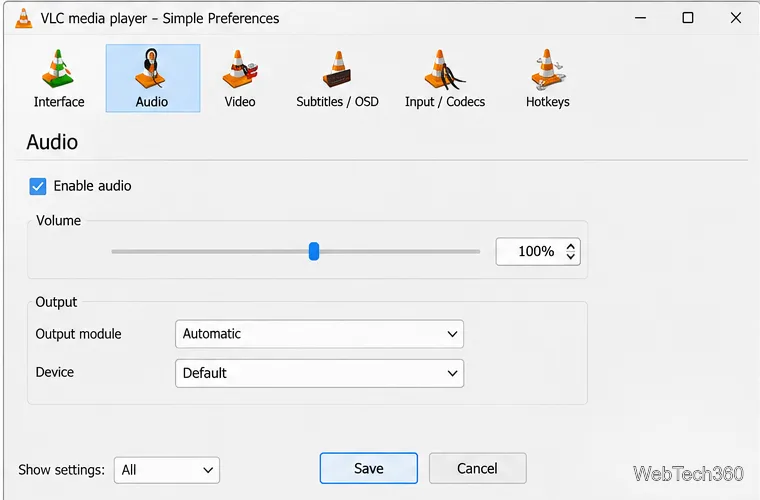 Pagina Preferințe audio a VLC cu setările Afișare setate la Toate.