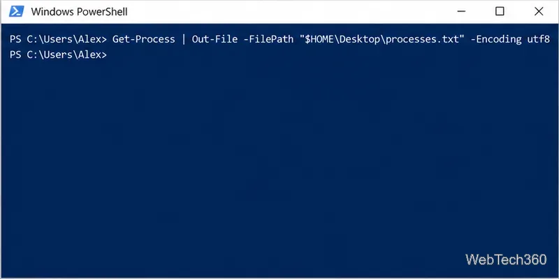 O Windows PowerShell envia a saída do Get-Process para o Out-File e retorna ao prompt.