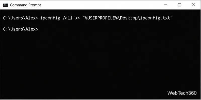O Prompt de Comando executa o comando ipconfig /all com o operador de maior que (+) duplo e retorna ao prompt.