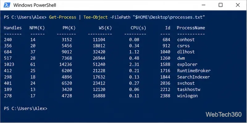 O Windows PowerShell exibe uma tabela Get-Process enquanto o comando Tee-Object salva a saída.