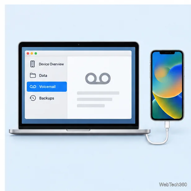 Иллюстрация iPhone, подключенного к компьютеру, с выбранной функцией голосовой почты в разделе «Данные».