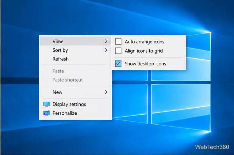 В подменю «Вид» в Windows 10 отключены параметры «Автоматическое упорядочивание значков» и «Выравнивание значков по сетке», а параметр «Показывать значки рабочего стола» включен.