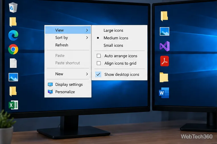 Два монитора с Windows 10, открыто меню «Вид», флажки «Автоматическое упорядочивание значков» и «Выравнивание значков по сетке» сняты.