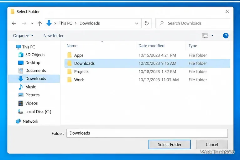 Windows 10 folder selection dialog with the Downloads folder selected for a custom scan