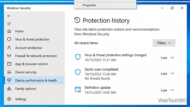 Windows Security Protection history with recent Defender scan and protection events