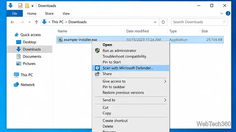 Windows 10 File Explorer context menu with Scan with Microsoft Defender highlighted