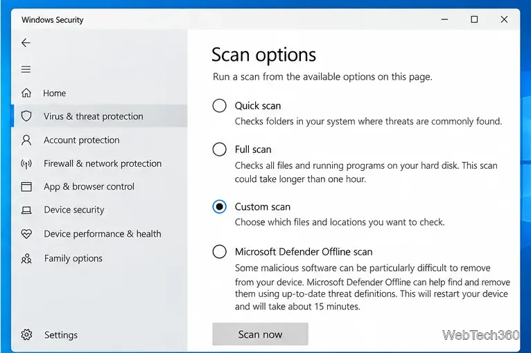 Windows Security Scan options page with Custom scan selected