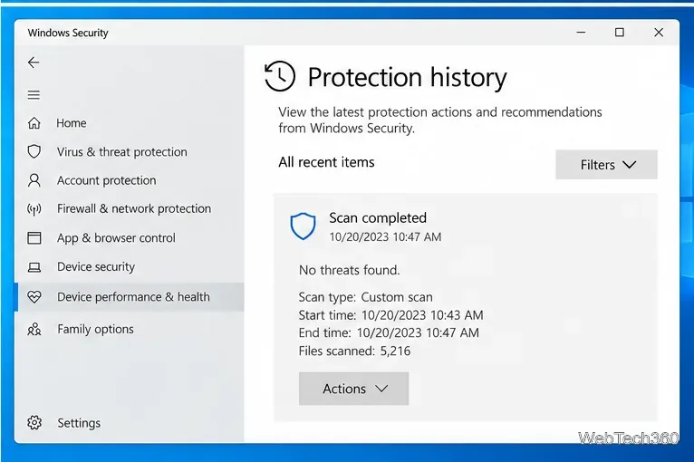 Windows Security Protection history showing a completed custom scan with no threats found