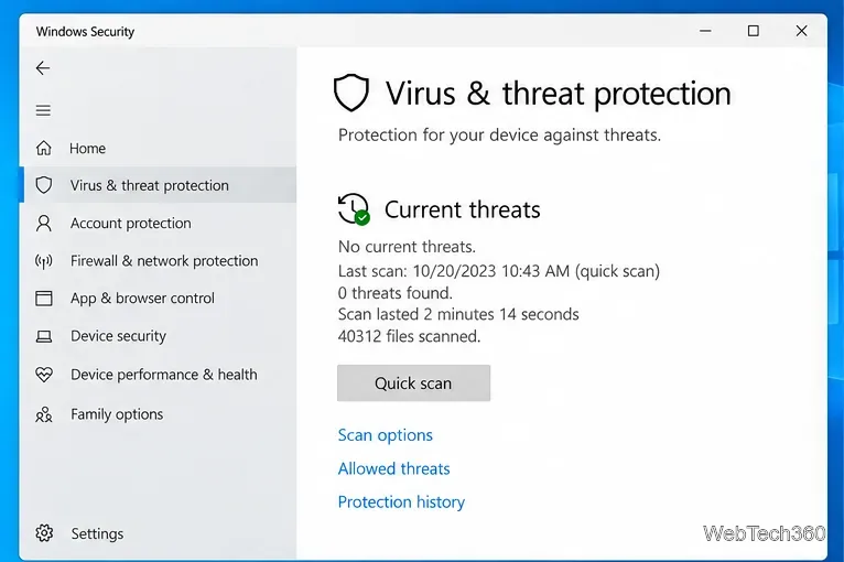 Windows 10 Windows Security Virus and threat protection page with scan controls