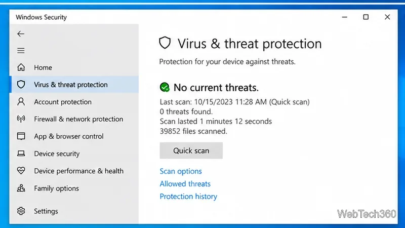 Windows Security Virus and threat protection page showing no current threats after a scan