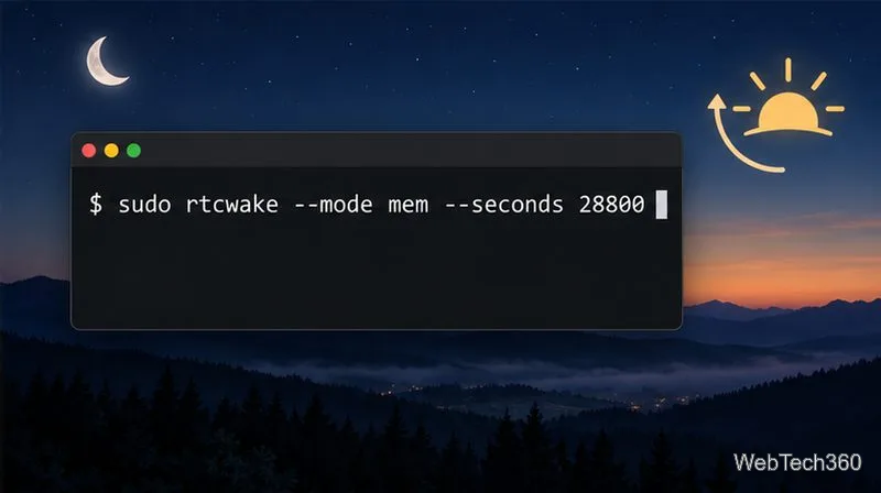 Linux terminal example showing sudo rtcwake --mode mem --seconds 28800 with night and sunrise symbols
