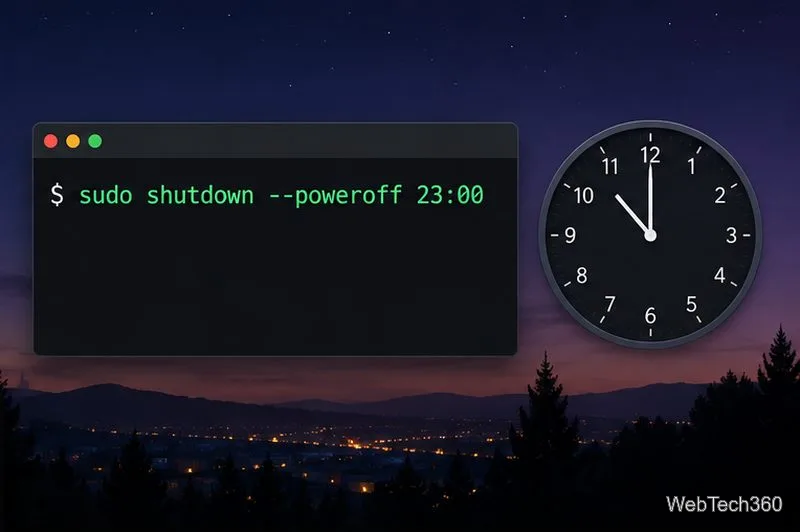 Linux terminal example showing sudo shutdown --poweroff 23:00 next to an analog clock