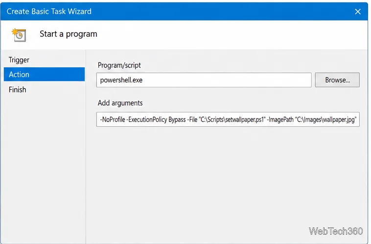 صفحة بدء تشغيل البرنامج تعرض powershell.exe في Program/script وأمرًا في Add arguments.
