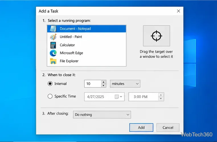 Caseta de dialog de programare Închidere automată cu Interval selectat, Timp specific disponibil și butonul Adăugare