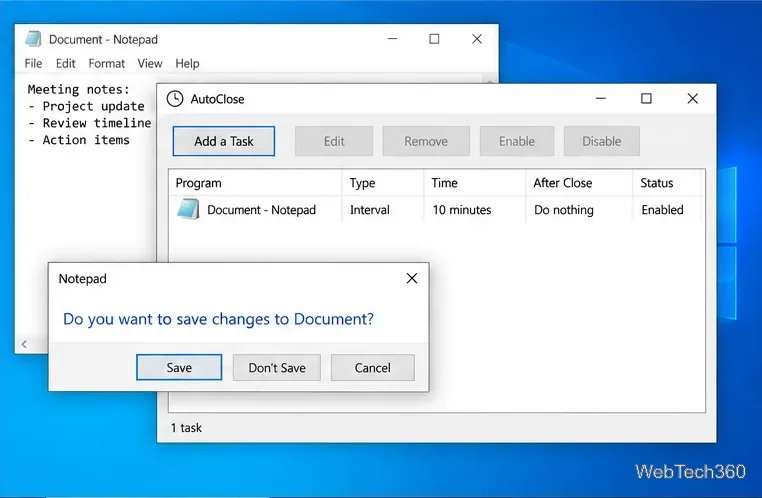 Lista de activități Închidere automată lângă o solicitare de salvare în Notepad pentru un document nesalvat