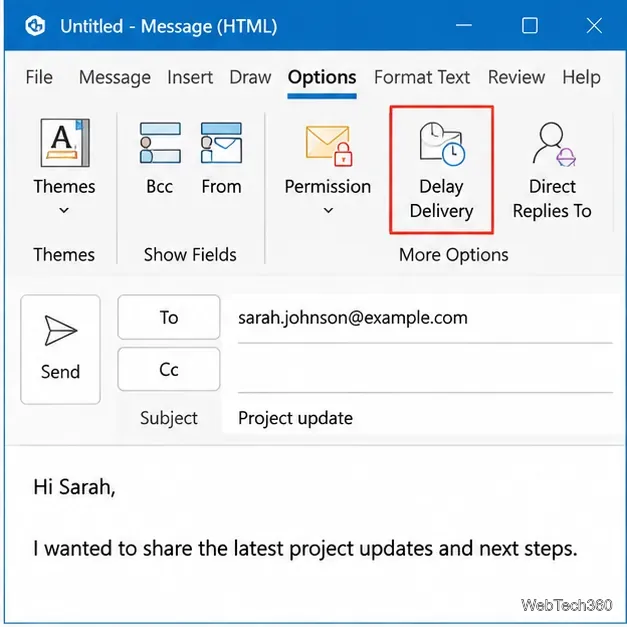 Классическая вкладка «Параметры Outlook» с выделенной командой «Задержка доставки».