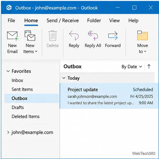 Классическая папка «Исходящие» в Outlook с отложенным сообщением об обновлении проекта, поставленным в очередь на запланированную доставку.