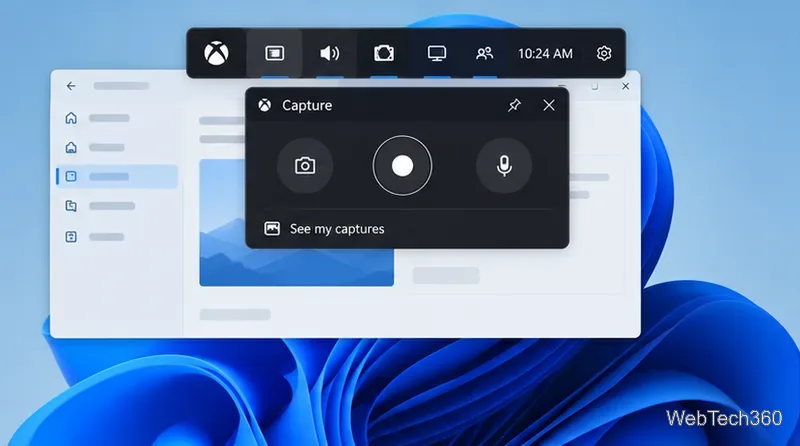 أداة التقاط الصور في شريط ألعاب Xbox فوق نافذة التطبيق، مع عناصر تحكم في التقاط الصور والتسجيل والميكروفون.
