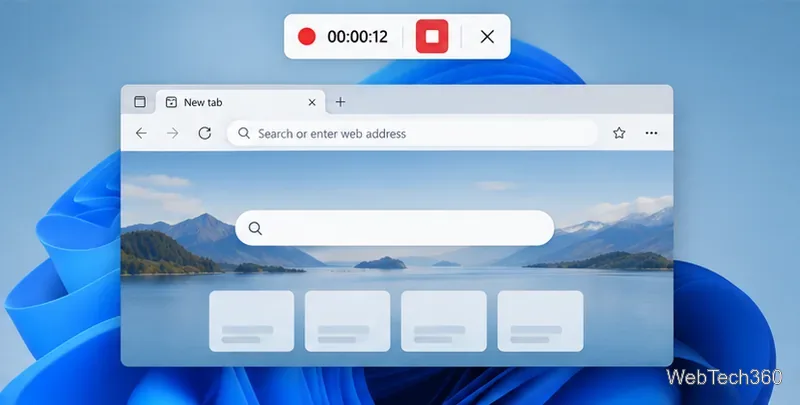 شريط أدوات التسجيل Active Snipping Tool مزود بمؤقت وزر إيقاف مربع الشكل أعلى نافذة المتصفح.