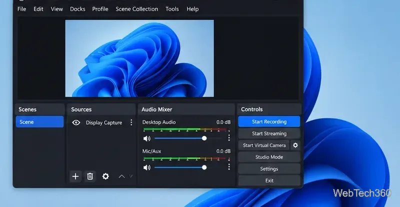 مساحة عمل برنامج OBS Studio تعرض معاينة سطح المكتب، ومقاييس الصوت، وزر بدء التسجيل.