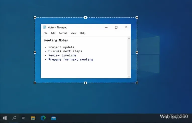 การเลือกตัดขอบแบบสี่เหลี่ยมผืนผ้ารอบหน้าต่าง Notepad ที่มีบันทึกการประชุมตัวอย่าง