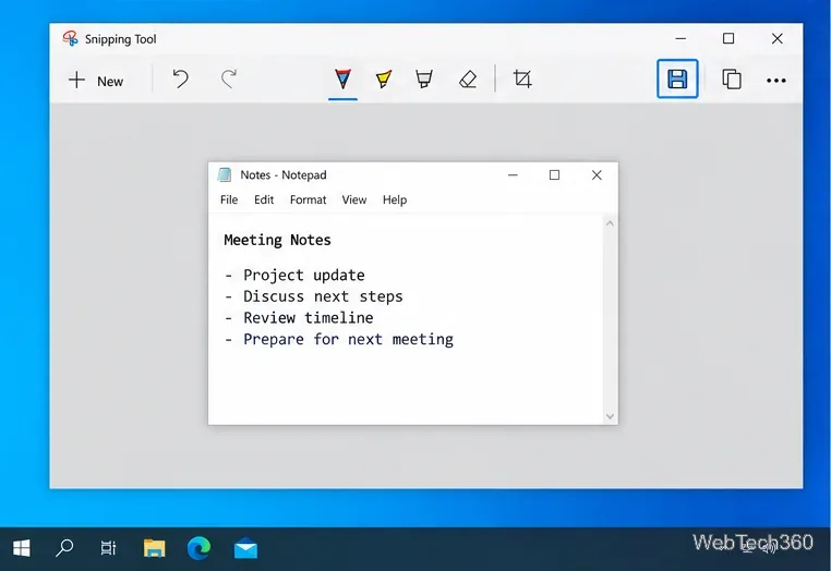 โปรแกรมแก้ไขภาพ Snipping Tool แสดงภาพบันทึกย่อจาก Notepad ที่ถูกจับภาพไว้ โดยมีปุ่มบันทึกปรากฏให้เห็น