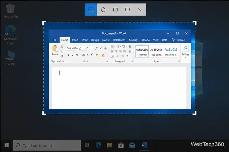 Barre d'outils Capture d'écran de Windows 10 superposée à un bureau assombri, avec une sélection rectangulaire autour d'une application.