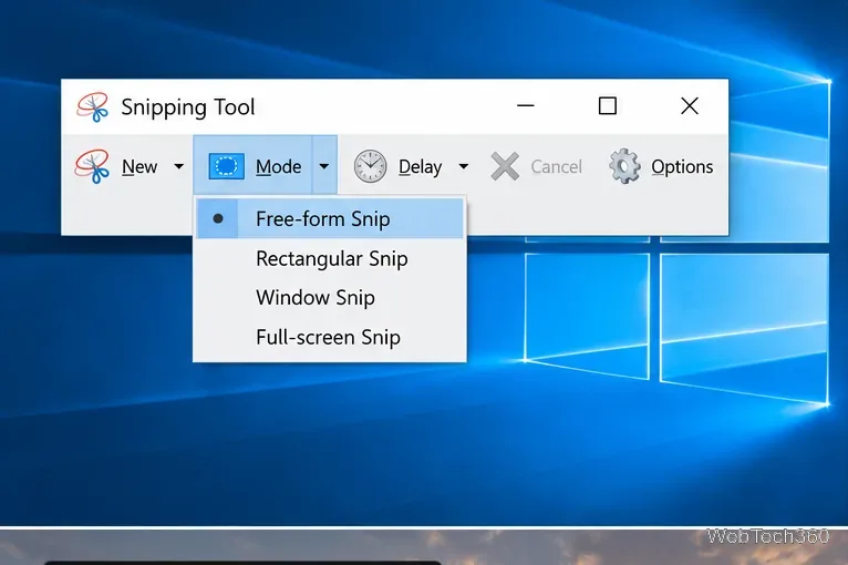 Menu classique du mode Outil Capture d'écran de Windows 10 avec options de forme libre, rectangulaire, fenêtre et plein écran