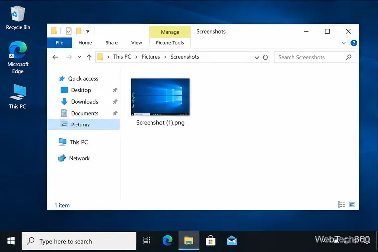 Explorateur de fichiers ouvert dans Images et le dossier Captures d'écran sous Windows 10