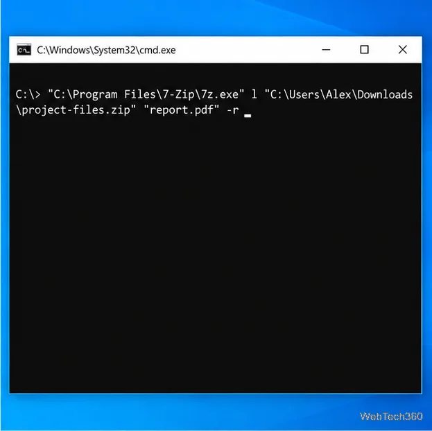 В командной строке введите команду `7z.exe l`, чтобы найти файл `report.pdf` внутри архива `project-files.zip`.