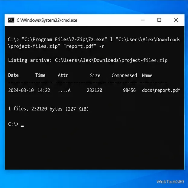 В результате выполнения команды 7-Zip указано, что файл docs\\report.pdf является соответствующим файлом внутри архива.