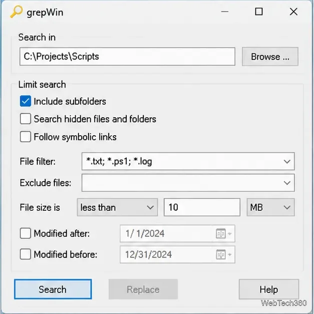 grepWin scope options showing Include subfolders, file filters, file size, and modification-date limits