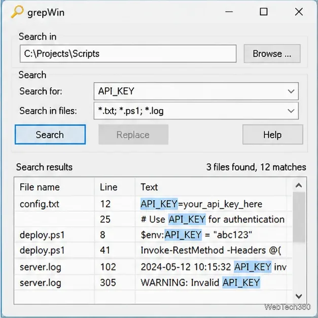 grepWin search results listing matching files, line numbers, and highlighted API_KEY text