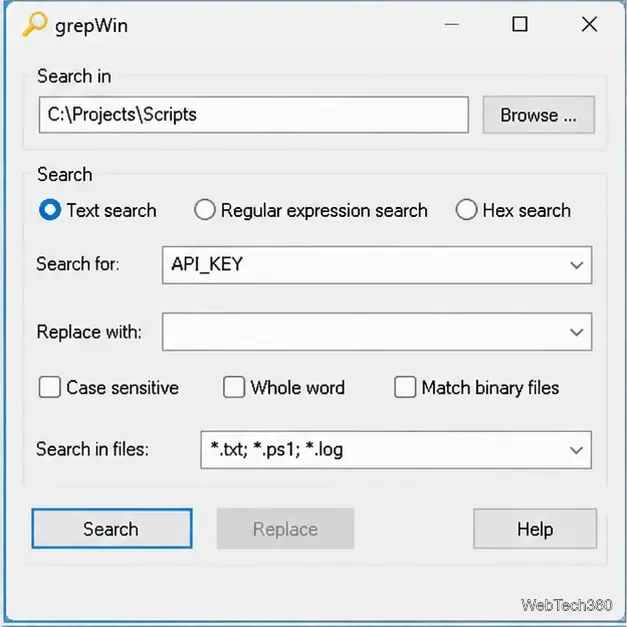 grepWin configured for a literal API_KEY search across TXT, PowerShell, and log files